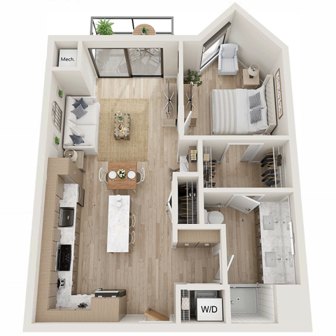 Floor plan for 1 bed, 1 bath, 728 sqft